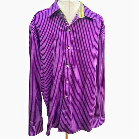Men’s Robert Graham Purple Navy Striped Contrasting Cuff Long Sleeve Shirt Size - Picture 1 of 12
